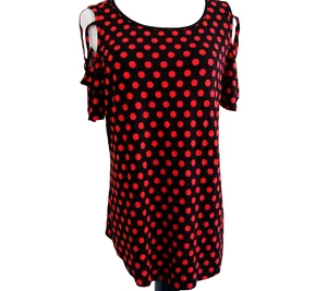 NWT T Shirt Short Sleeve Tunic Strappy Cold Shoulder Top Black Red Polka Dot L - Picture 1 of 9