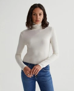 AG ADRIANO GOLDSCMIED Chels Ivory Dust Ribbed Jersey Turtleneck T-Shirt, Size S - Picture 1 of 13