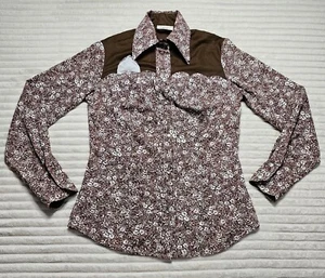 Vintage Fenton Western Pearl Snap Shirt Womens 8 Brown Floral Rodeo Cowgirl 70s - Picture 1 of 14