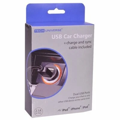 Cargador de coche Tech Universe USB de doble puerto para iPad/iPhone/iPod con USB a documento de 30 pines Foto 1 de 3
