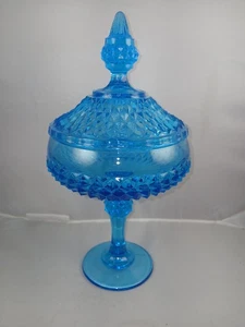 Indiana Glass Co. Compota pedestal azul punta diamante con tapa - Imagen 1 de 7