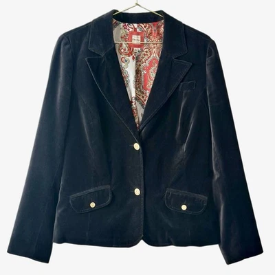 Blazer Vintage Antiguo Azul Marino Negro Terciopelo Dorado Botones Un Pecho Negro Talla L Foto 1 de 4
