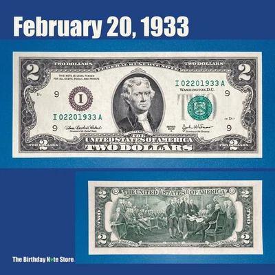 February 20, 1933 Birthday Anniversary $2 Two Dollar Bill Serial Number 02201933 - Image 1 of 2