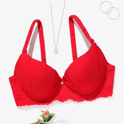 Sutiã com acabamento de renda com aro copo inteiro moldado push up lingerie roupa íntima feminina - Imagem 1 de 4
