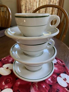 Buffalo China VTG MCM Green Stripe Cups And Saucers Lot (3Sets) - Picture 1 of 17
