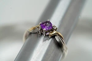 Vintage Sterling Silver 14k Yellow Gold Amethyst Diamond Accent Ring Size 8 - Picture 1 of 8