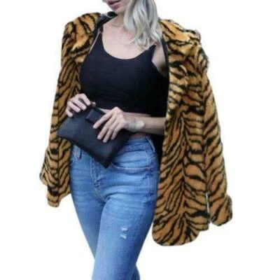 Abrigo para mujer de piel sintética con patrón de tigre invierno cálido chaqueta peluda solapa S-3XL Foto 1 de 4