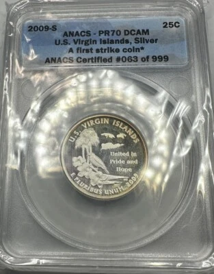 2009-S PR70 DCAM Silver US V.I. Toning Quarter First Strike ANACS 25cent #63/999 - Image 1 of 4