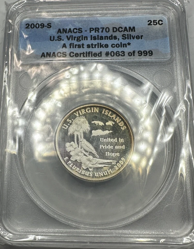 2009-S PR70 DCAM Silver US V.I. Toning Quarter First Strike ANACS 25cent #63/999 - Image 1 of 4