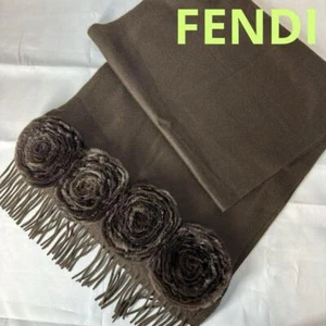 FENDI Cashmere Stole Brown with Mink Flower 41cm x 164cm Solid Design - Picture 1 of 8
