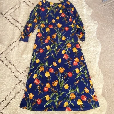 Vestido maxi floral tulipa azul manga longa boho ~ elástico e fluido ~ M boêmio - Imagem 1 de 4