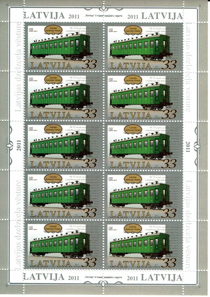 Hoja de sellos de LETONIA 2011 - Historia del ferrocarril letón - Vagón de pasajeros Feniks Foto 1 de 1