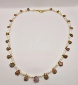 Necklace Fresh Water Pearl With Tourmaline Drops Handmade - Picture 1 of 7