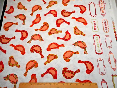 Cotton Fabric 1 2/3 Yard Orange Birds Gray Floral Borders Family Tree Ivory #C - Image 1 of 3
