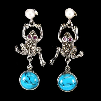 925 Sterling Silber Ohrringe Türkis Stabilisiert Rubin Perle Markasit Edelstein - Bild 1 von 4