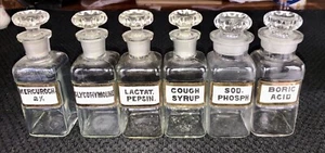 Vintage Glass Apothecary Jars Pharmacy Bottles Rounded Square Recess Ware - Picture 1 of 24