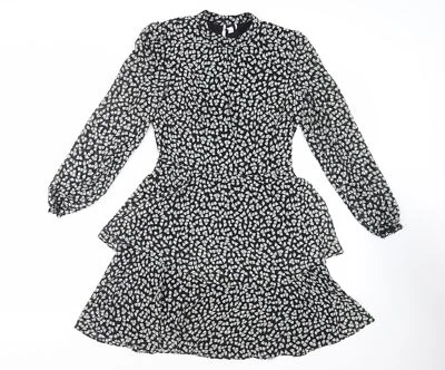 Warehouse Womens Black Geometric Polyester Fit & Flare Size 10 Mock Neck Button  - Image 1 of 4