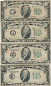 USA Lot of 4 Federal Reserve Notes 10 Dollars 1934 - Circulated - Picture 1 of 6
