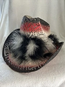 Vintage Hecho En Mexico Red/Black/White Western Cowboy Hat W/Feathers Size 6 5/8 - Picture 1 of 5