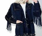 American Style Blue Western Silver Studded Suede Leather Jacket Fringes