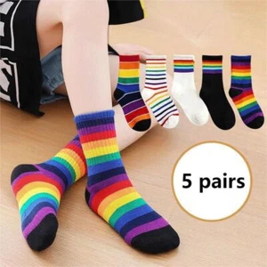 5 Pairs Boys Girls Kid Breathable Cotton Rainbow Comfortable Cute Mid-calf Socks - Picture 1 of 15