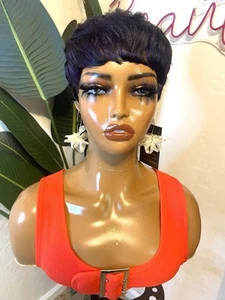 Purple Highlights Human Hair Pixie Cut Wig - Picture 1 of 7