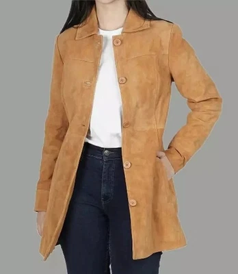 Women's Suede Leather Trench Classic Formal Single Breasted Button Jacket Coat - Image 1 of 4