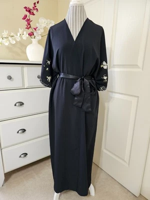 De Colección Josie By Natori Negro Sedoso con Ribete de Encaje Largo Envolvente Bata Corbata Cinturón Talla L Foto 1 de 4