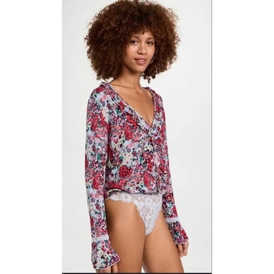 Free People Intimately Red Floral Ruffle Lace Thong Bodysuit Top Long Sleeve S - Image 1 of 4