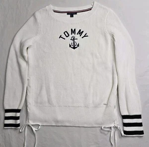 Tommy Hilfiger Pullover Sweater Womens Medium White Blue Y2K Bows Embroidery - Picture 1 of 9