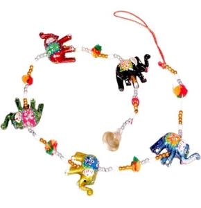 Indian String of 5 Elephant Wall Hanging Mobile Lucky Bell Charm Puppet Handmade - Picture 1 of 3