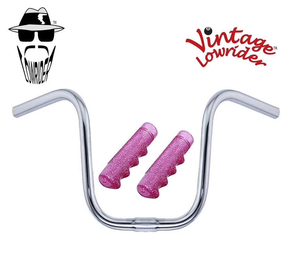 Manillar Lowrider 9" Cromo U De Colección 25,4 mm con empuñaduras Lowrider Rosa Brillante 120 mm. Foto 1 de 1
