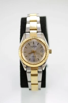 Reloj Hilton Mujer Acero Inoxidable Dorado Plata Res Agua Fecha Batt Cuarzo Blanco Foto 1 de 4