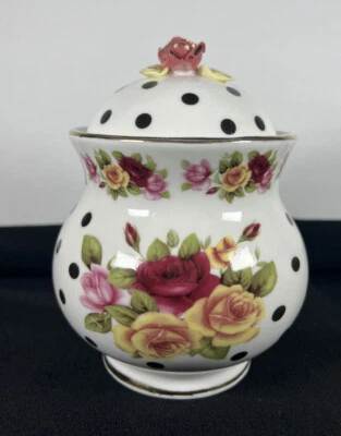 Sweet Living Collection ROSES POLKA DOT Floral Porcelain Gold Trim Lidded Ginger - Image 1 of 4