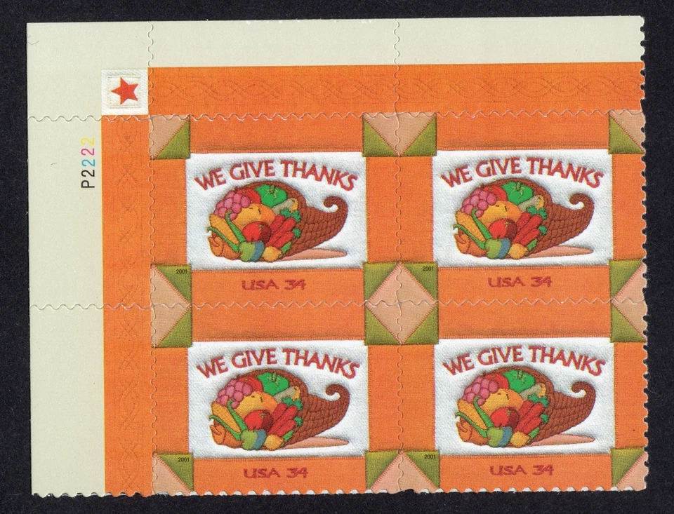 Scott #3546 Thanksgiving (We Give Thanks) Plate Block of 4 Stamps MNH P#P2222 UL - Image 1 of 1