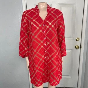 Camisa para mujer talla suelta túnica grande manga 3/4 Lagenlook botones a cuadros transparente U3-8 - Imagen 1 de 7