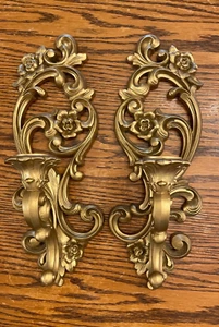 Vintage Homco Hollywood Regency Ornate Gold Rose Acanthus Leaf Sconce Set #4418 - Picture 1 of 14