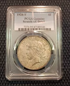 1928-S Silver Peace Dollar $1 AU50 Details "Scratch" PCGS Certified - Tough Date - Picture 1 of 2
