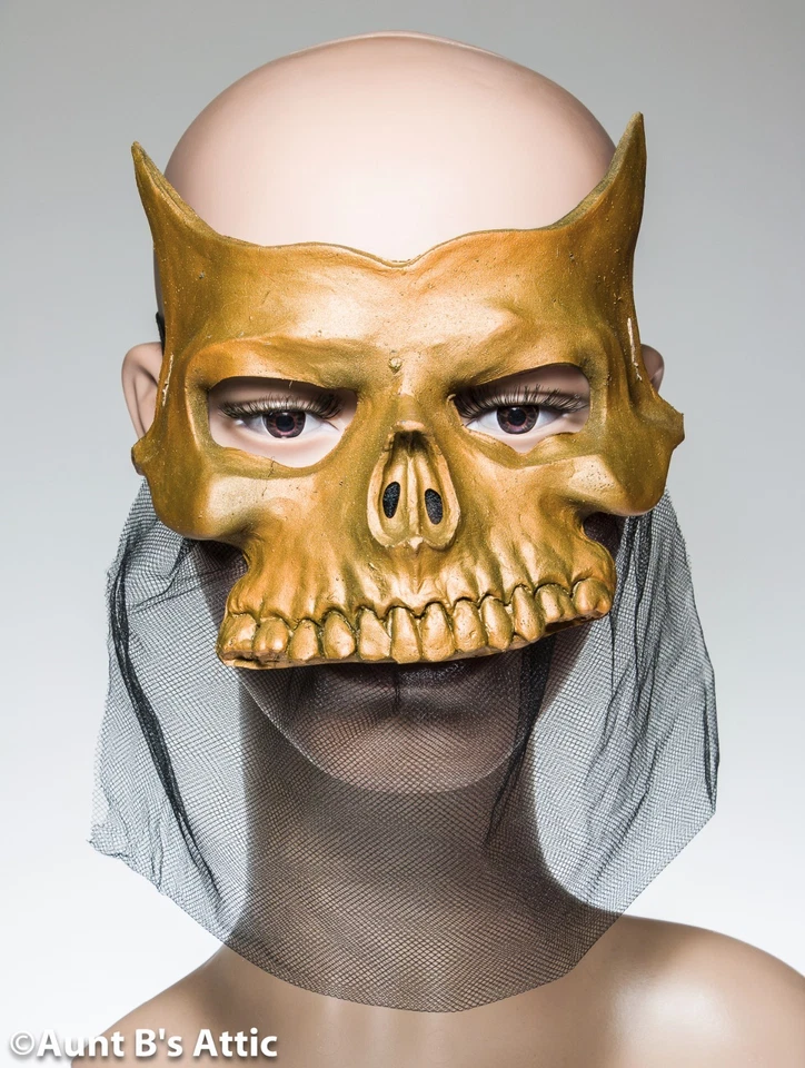 Mardi Gras Mask Gold Latex Skeleton Venetian Style Eye Mask With Netted Drape - Image 1 of 2