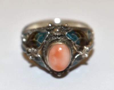 Vintage Sterling Silver Angel Skin Coral Enamel Filigree Ring Size 8 - Image 1 of 3