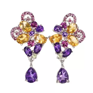 925 Sterling Silver Earrings Pear Amethyst Citrine Peridot Rhodorite Gemstone - Picture 1 of 10