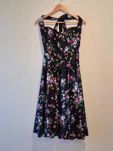 Hell Bunny Vixen, floral 50s style halter dress, belt/zip, size 14/16, good - Picture 1 of 9