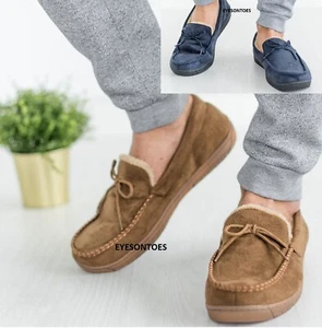 MENS SHEEPSKIN FUR LINED WINTER LOAFERS WARM FAUX SUEDE MOCCASINS SLIPPERS SIZE - Picture 1 of 20
