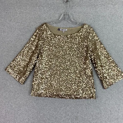 Top para mujer JLO Jennifer Lopez pequeño lentejuelas champán manga 3/4 forrado transparente Foto 1 de 4