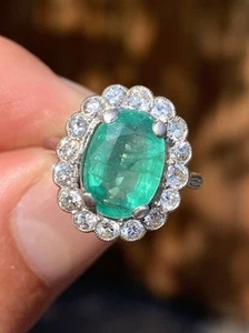Platinum Diamond & Natural Emerald Art Deco Cluster Ring  - Picture 1 of 9