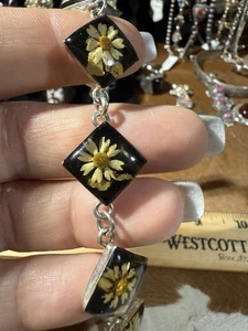 925, Silver Resin Diamond Shape Flower Vintage Toggle Clasp Bracelet Sz~ 7” - Picture 1 of 5