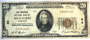 SERIES 1929 $20  NATIONAL CURRENCY NOTE MILWAUKEE F006140A - Picture 1 of 2