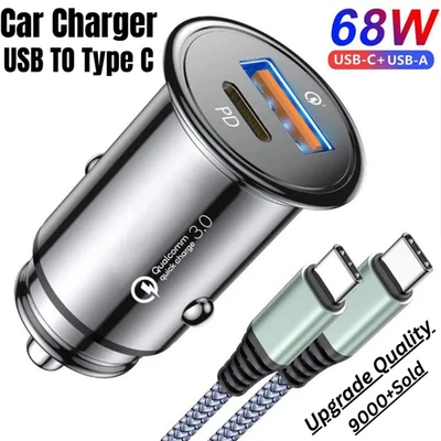 Universal Fast Car Charger 2 Port USB + TYPE C LED Socket Adapter For All Phones - Image 1 of 4