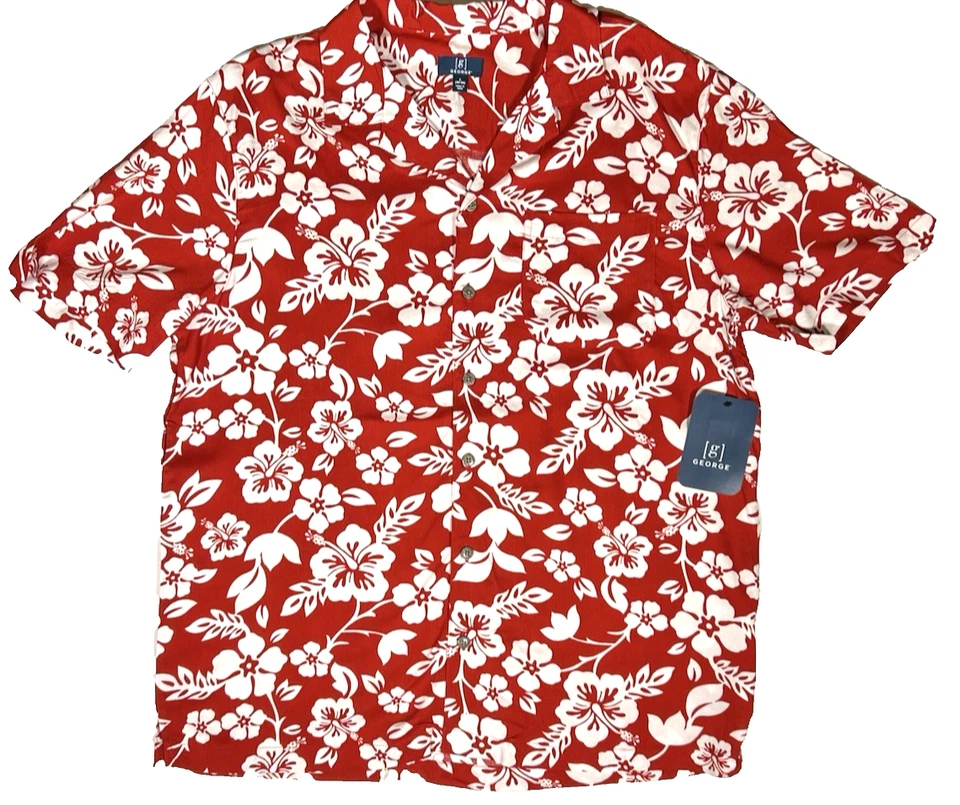 George Brand Men's Button Up Red Hibiscus Floral Hawaiian Shirt Size XL
