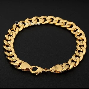 9MM Wide HAMMERED CURB Cuban Bracelet 18K Gold Filled MENS BOYS Chain 7/8/9 inch - Picture 1 of 7
